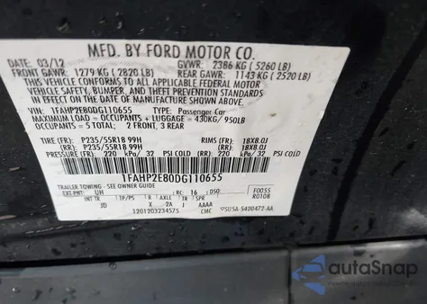 2013 Ford Taurus Sel from USA, damaged, VIN 1FAHP2E80DG110655
